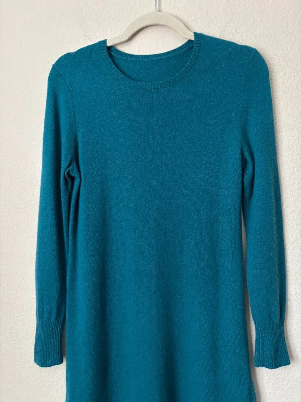 Two-Piece 100% Cashmere Teal Long Sleeve Dress and Cardigan Set Luxurious